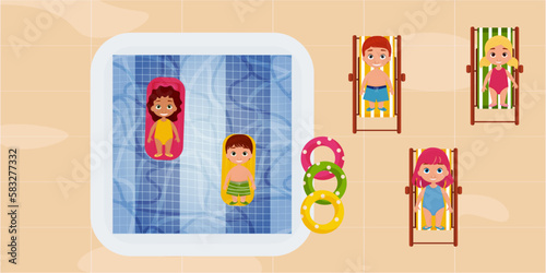 top view of children swimming on air mattresses and circles in the pool. Children swim and sunbathe on a chaise longue. vector illustration