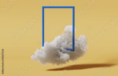 3D yellow background. Blue frame display. Flying cloud in motion. Minimal pedestal  for beauty, cosmetic product presentation or text. Bright, studio,3d render mockup. Sky concpet