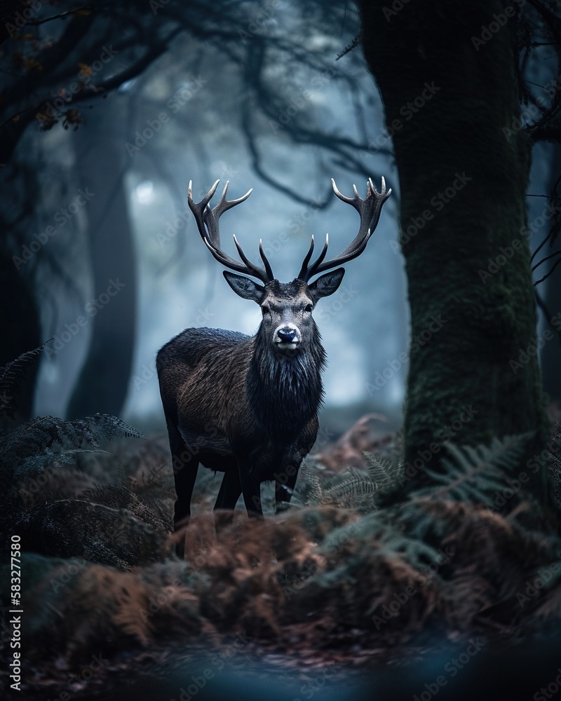 Naklejka premium British Wildlife: Majestic Stag Poses for the Camera in Lush Oak Forest. Generative AI.