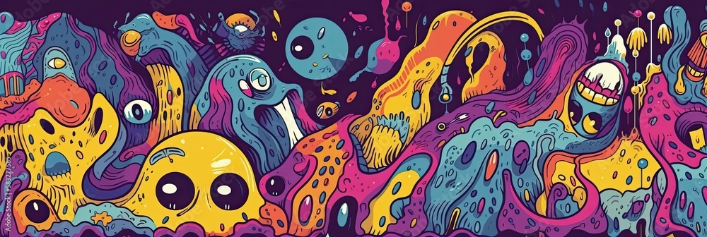 Naklejka premium Doodle Monsters: Playful Pastel Cartoons on a Minimalistic Background. Generative AI.