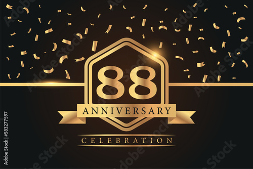 88th years anniversary celebration luxury golden logo design with gold color numbers font in shinny frame with gold abstract design on black background 