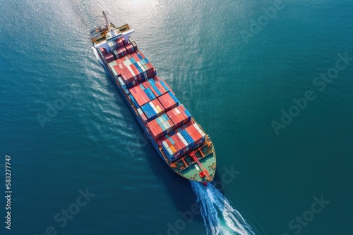 Shipping: Aerial View of a Container Ship Transporting Cargo. Generative AI.