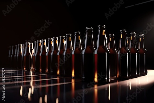 Brown Glass Beer Bottles at Modern Brewery Production Line Conveyor Belts. Generative AI.