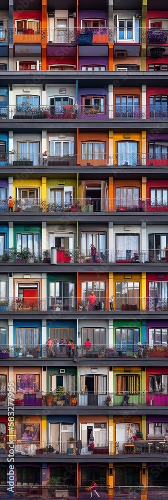 Colorful Apartment Building With Many Windows, People Inside. Generative AI.