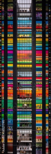 Colorful Apartment Building With Many Windows, People Inside. Generative AI.