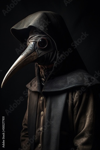 Plague Doctor in Full Costume with Beak Mask, Eerily Haunting. Generative AI.