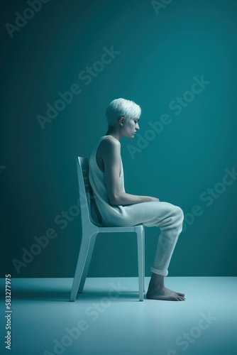 Loneliness in Blue: Person Sitting in Chair - Side View