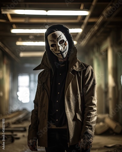 Horror Fashion Photography: Masked Psycho Killer in Old Abandoned Warehouse. Generative AI.