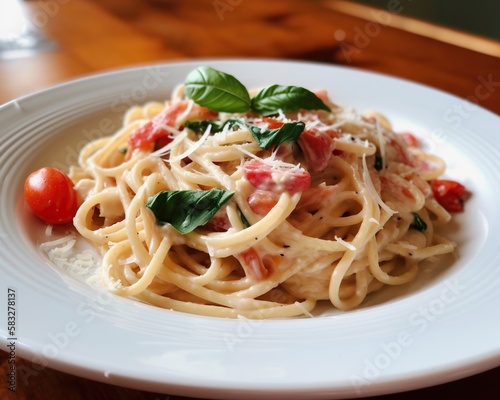 Pasta Carbonara with Fresh Tomato and Basil: A Delicious Homemade Recipe. Generative AI.