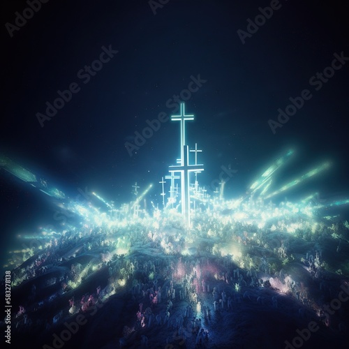 Unity of Glowing Christian Spirits in Surreal Bioluminescent Light. Generative AI.