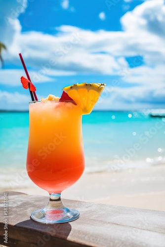 Delicious Colorful Cocktail Drink at the Beach. Generative AI.