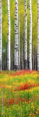 Burst of Color in a Spring Birch Forest with Vibrant Flowering Grass. Generative AI.