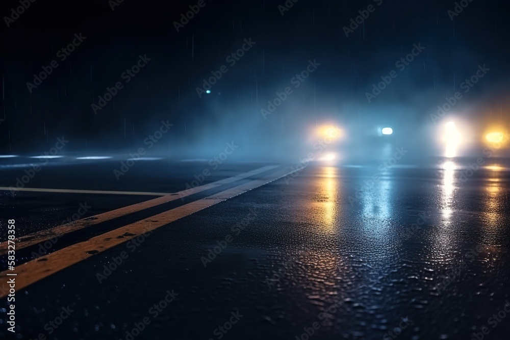 Obraz premium Wet Dark Asphalt With Bright Lights Background. Generative AI.