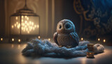 Fabulous toy owl made of yarn, a decorative gift for a collector. For fairy tales and postcards. Created with artificial intelligence.