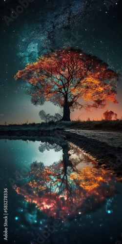 Autumn Reflections: Tree and Starry Sky Reflected on Calm Waters. Generative AI.