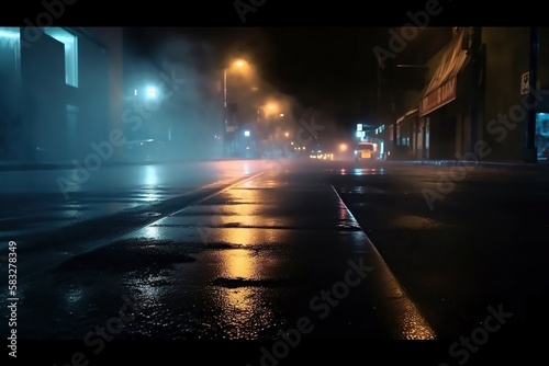 Wet Dark Asphalt With Bright Lights Background. Generative AI.