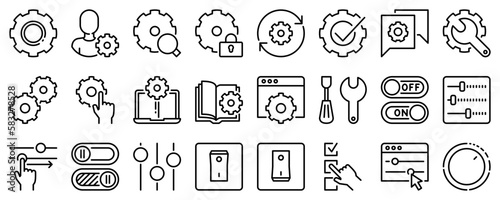Line icons about settings controls on transparent background with editable stroke.
