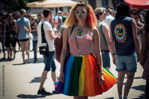 Woman Wearing a Multicolored Rainbow Skirt, Marching in the Heart of an LGBTQ+ Parade to Show Support for Equality, Love, and Acceptance. Colors of the gay pride flag. Generative AI.