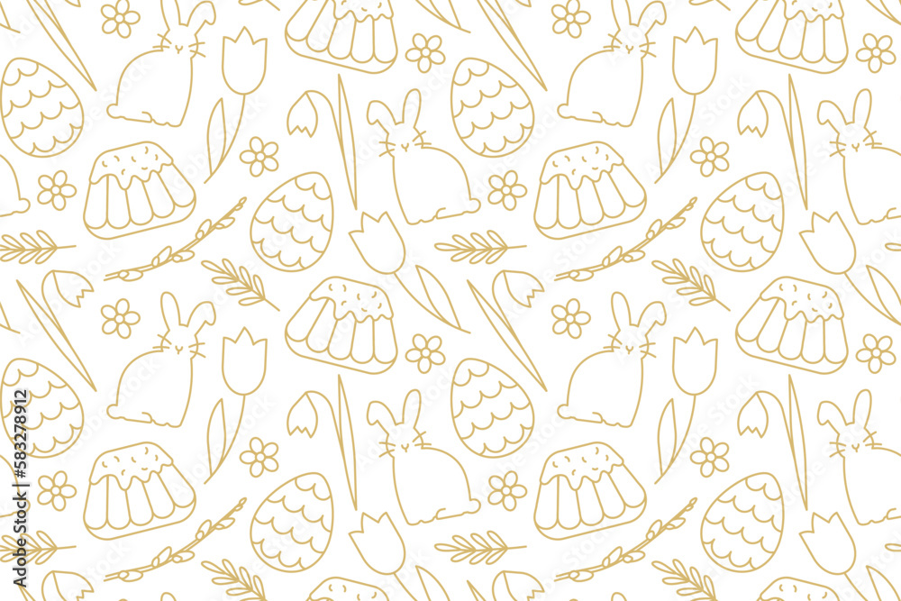 seamless Easter golden pattern with bunnies, tulips, snowdrops, willow catkins branches, cakes and eggs - vector illustration
