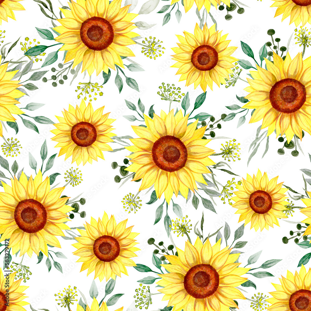 Sunflowers on a white background 1, hand drawn watercolour illustration. Seamless floral pattern-234.