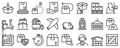 Line icons about shipping on transparent background with editable stroke.