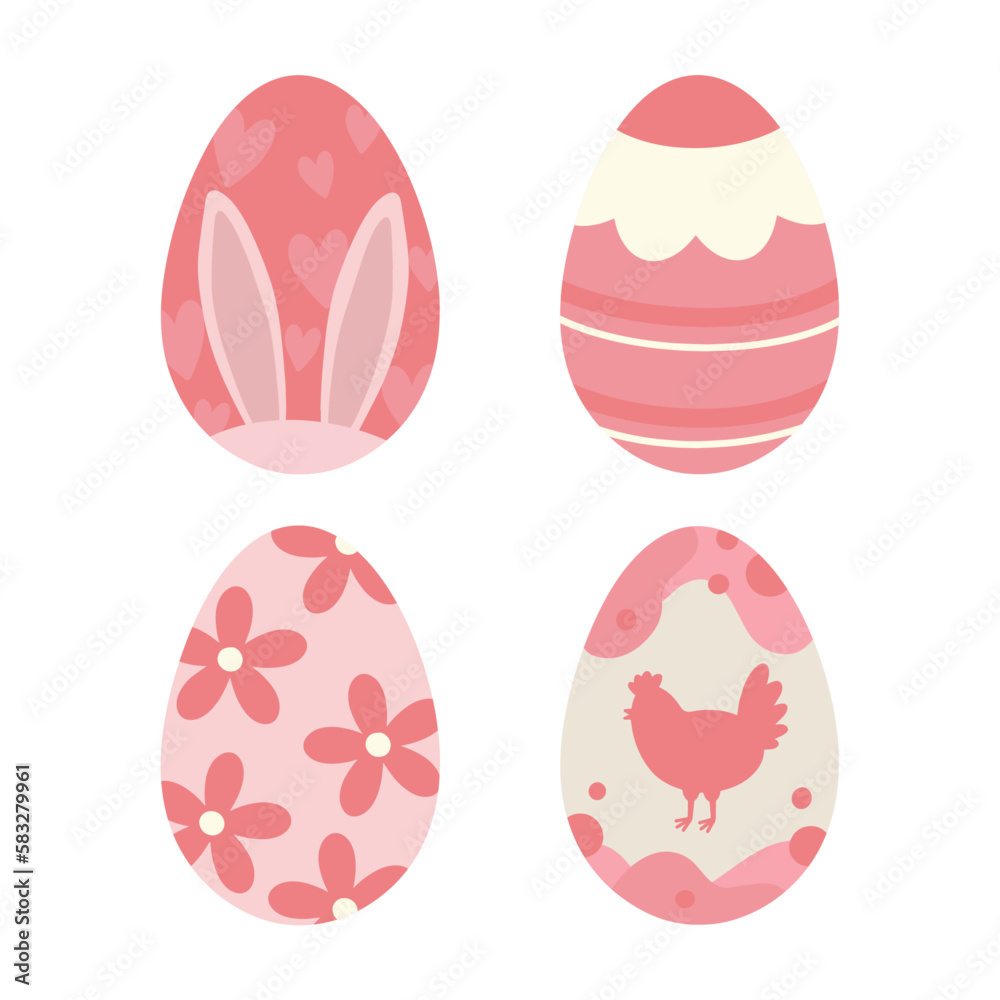 Set with Easter eggs. Vector set with pink painted Easter eggs. Cute pink easter eggs.