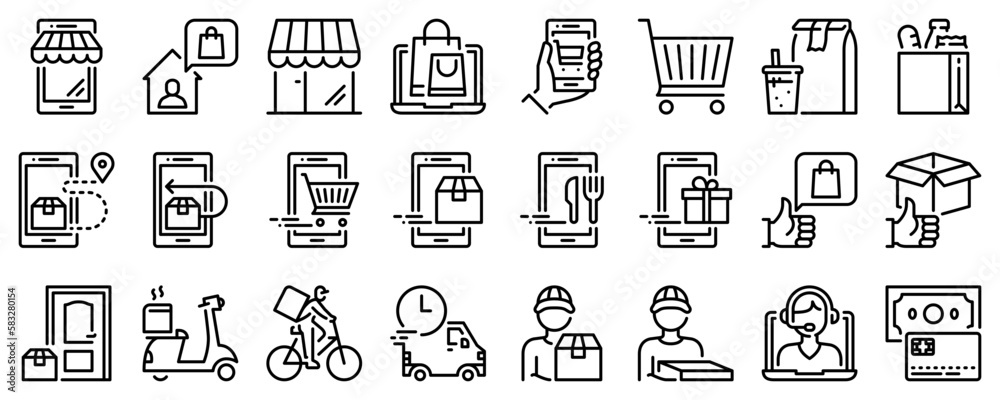 Line icons about shopping online on transparent background with editable stroke.