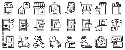 Line icons about shopping online on transparent background with editable stroke.