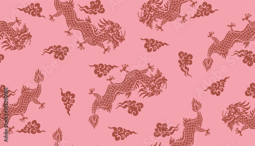 Traditional Japanese, Chinese seamless pattern with Dragon, fan, sakura, clouds, bonsai, sea vawes Abstract art vintage background texture, textile, kimono, cover, paper Vector illustration