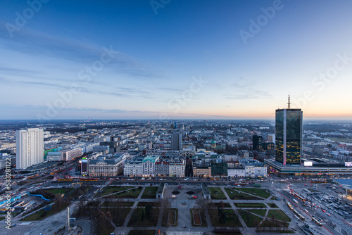 Panoramic view over Warsaw during sunset