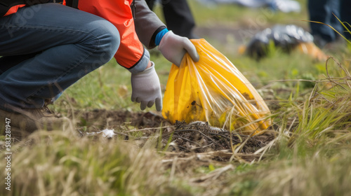 A participant with determination collects litter during a community clean-up event, contributing to a better environment.