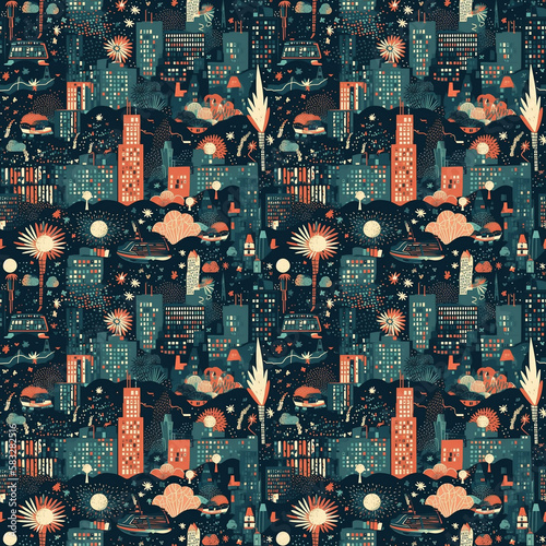 Seamless pattern of night city view with fireworks and skylines. Representation of the energy and vibrancy of a city. Generative AI.