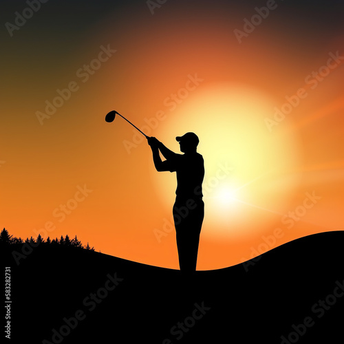 silhouette, sunset, sky, golf, sun, nature, people, golfer, woman, sunrise, sport, child, joy, freedom, grass, fun, active, landscape, happiness, dusk, black, outdoors, success, generative ai