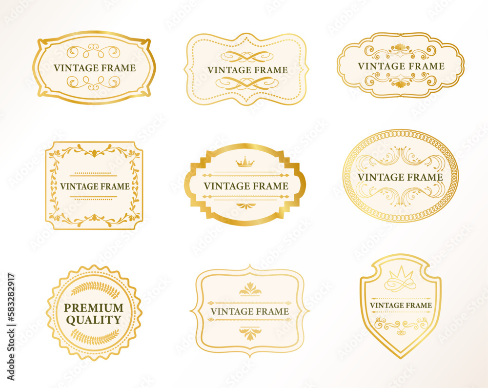 Gold labels set. Collection of luxury labels for food and alcoholic drinks, wine. Vintage frame with premium quality inscription. Cartoon flat vector illustrations isolated on white background