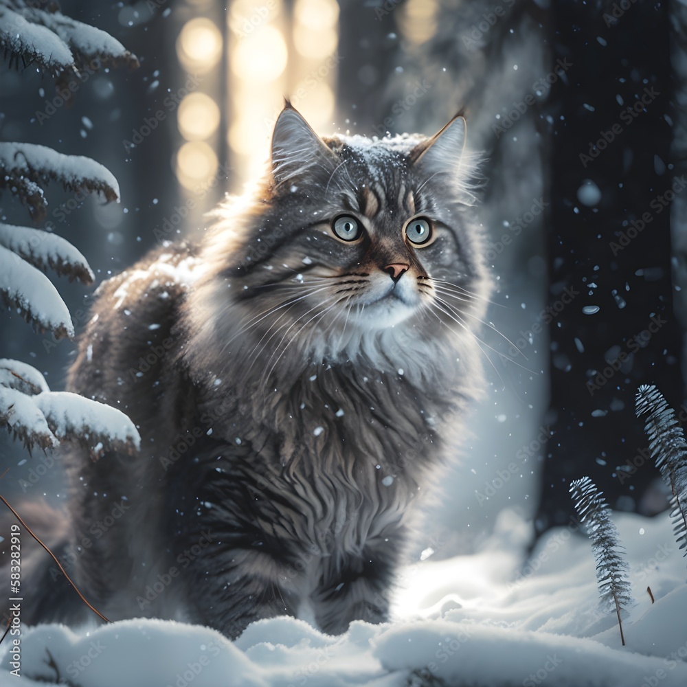 A snow cat in a winter forest