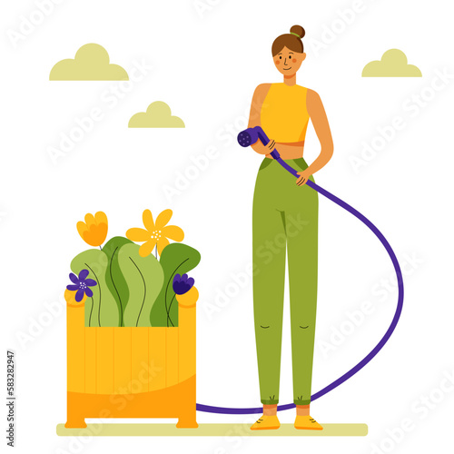 Cute happy women or girl caring about plants isolated on white background. Home gardening and growing houseplants. Flat style vector illustration of trendy people with garden plants.