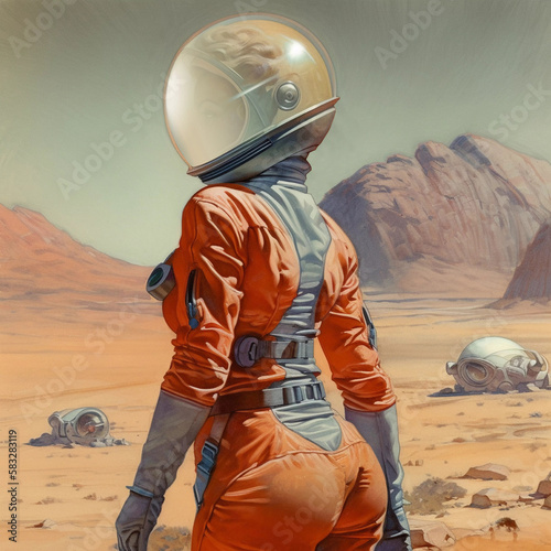 Young woman astronaut with a perfect sexy figure is exploring an unknown planet. Illustration stylized as a vintage retro poster for a sci-fi movie. AI generated