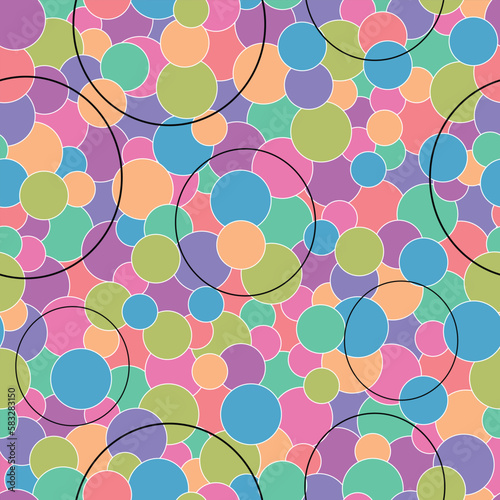 Vector multicolour overlapping circles with silhouettes repeating pattern background. 