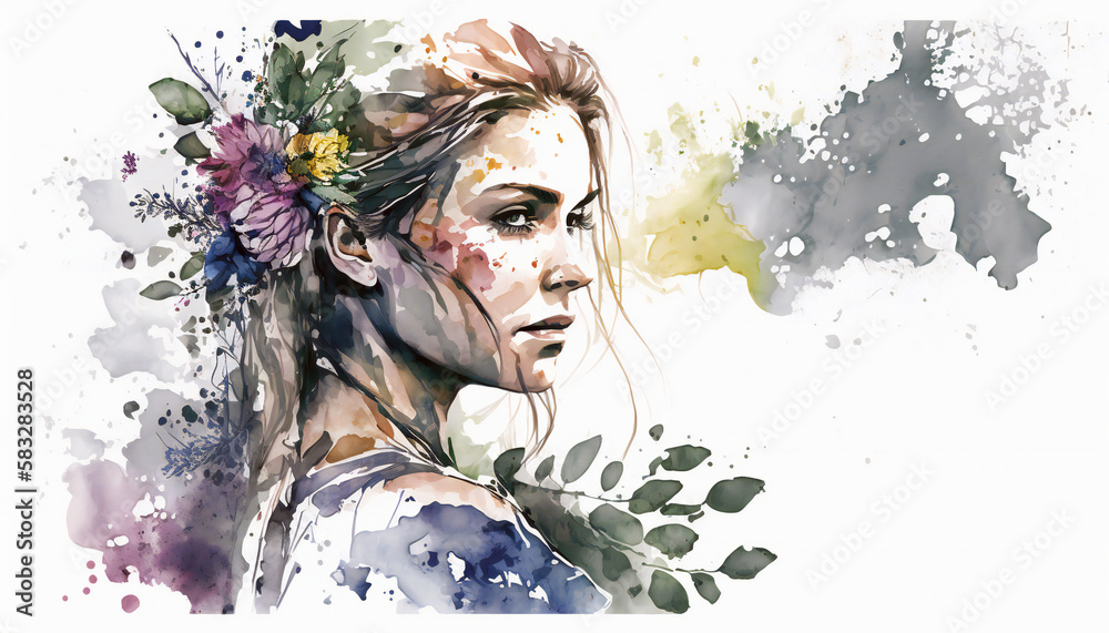 Woman Surrounded by Blooming Flowers, isolated on white background - watercolor style illustration background by Generative Ai