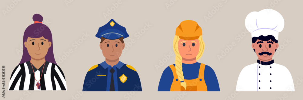 People Of Different Professions. Arbitator, Builder, Policeman, Chief Flat Style Vector Illustration