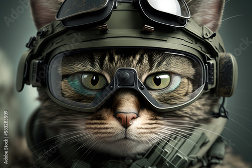 Close-up portrait face of soldier cat in army. Military forces, military game. Cat soldier in a protective suit. Face mask,glasses, camouflage uniform. Brave protector who never give up..Generative AI