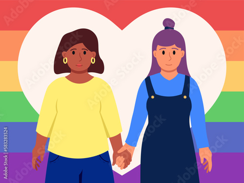 Two Girlfriends Holding Hands With Heart And Raindow Flag On The Background Flat Style Illustration