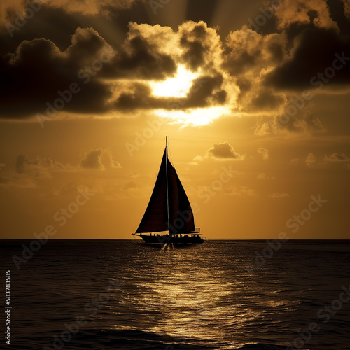 sunset, boat, sea, sailing, sailboat, sail, yacht, ocean, water, sun, ship, summer, travel, silhouette, sky, nature, orange, landscape, sunrise, tropical, horizon, red, sport, beach, wave, generative,