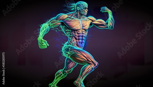 Anatomica body muscle fibers are visible . rengen neon . Creative illustration. (Ai Generate)