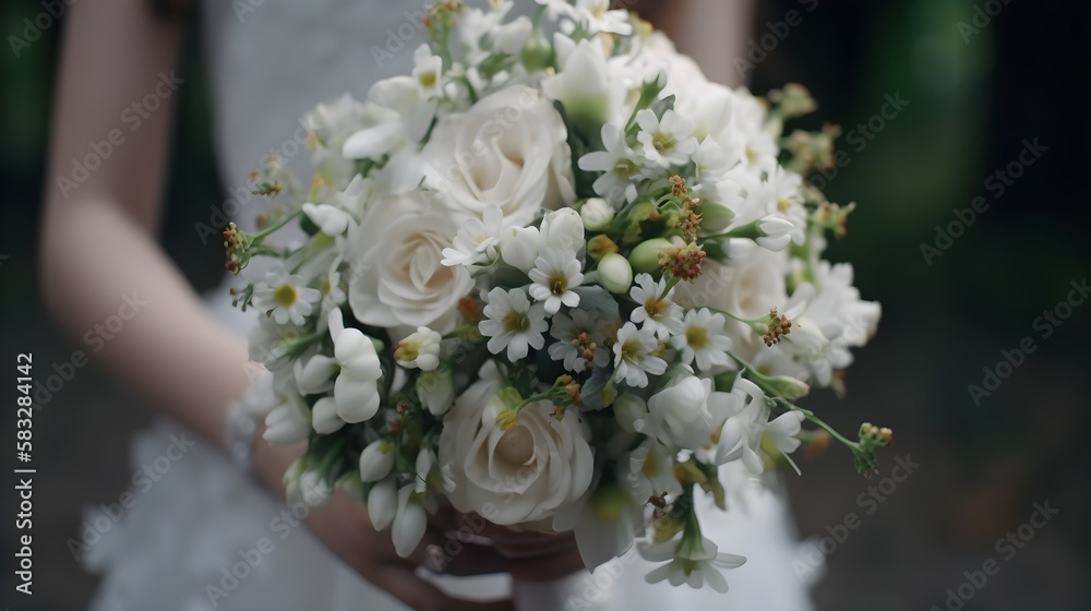 Wedding bouquet of white roses in the hands of the bride Wedding bouquet of white roses in the hands of the bride
