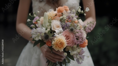 beautiful wedding bouquet in hands of the bride, shallow depth of field