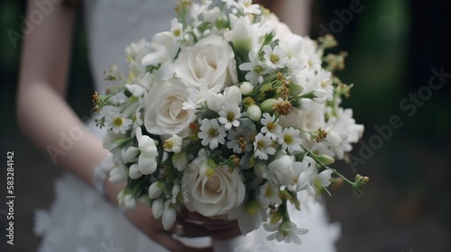 Wedding bouquet of white roses in the hands of the bride