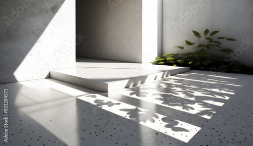 Sunlit smooth concrete modern minimalism house interior with tropical plants