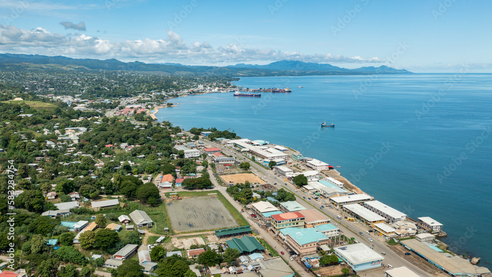 Aerial view looking at Honiara sea port.