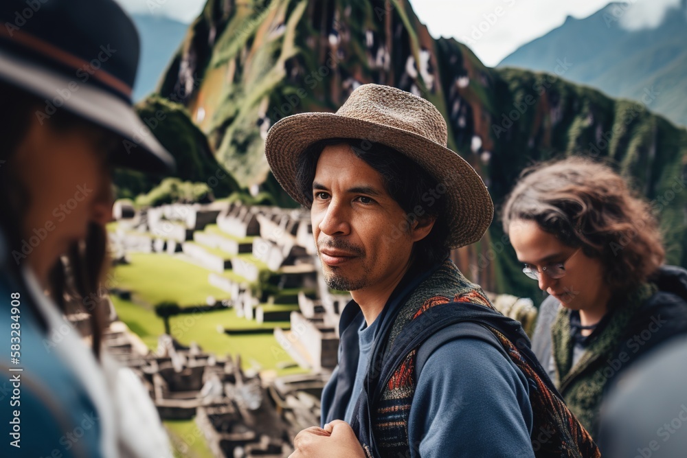 Peruvian indigenous tour guide working in Machu Picchu. Generative AI